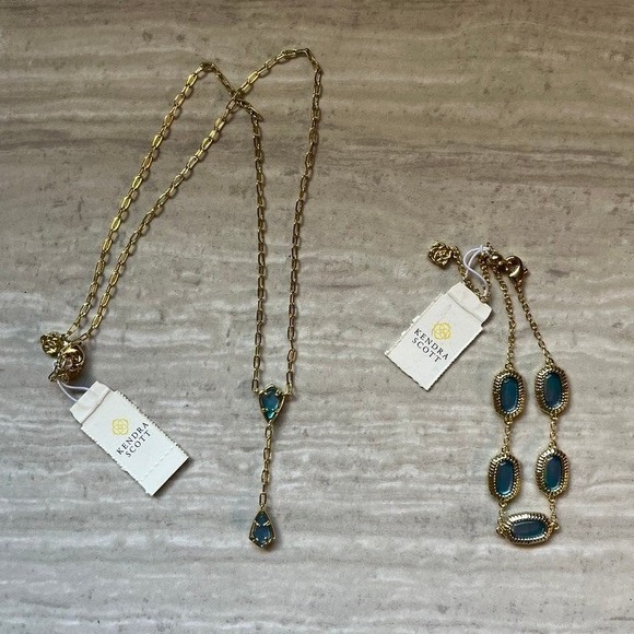 Kendra Scott Jewelry - Kendra Scott Gold Tone Teal Blue Stone Lariat Necklace and Slider Bracelet Set